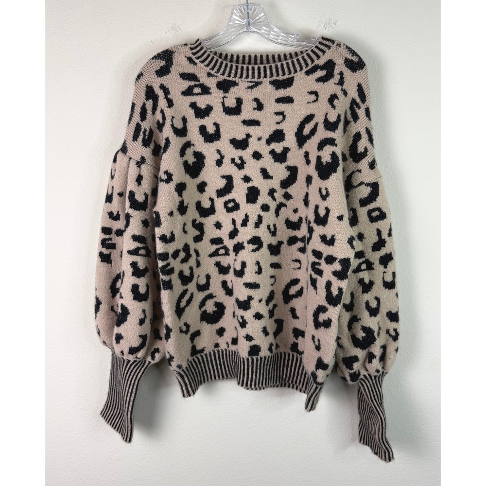 Jodifl Sweater Women Large Leopard Print Balloon Sleeve Crewneck Tan Chunky